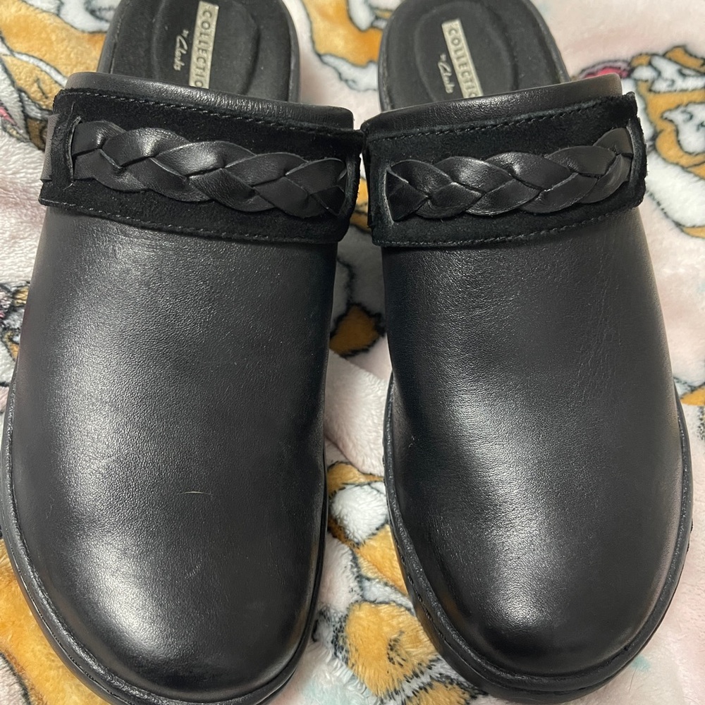 Clarks Black Leather Mules with Braided Detail